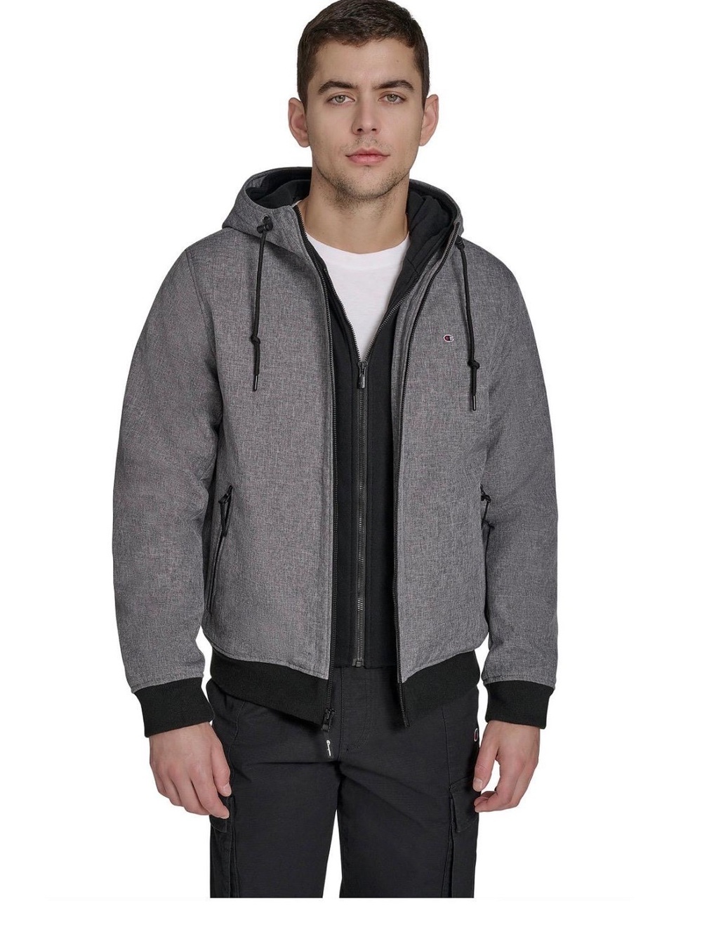 Champion Grey Hooded Bomber Jacket with Black Trim